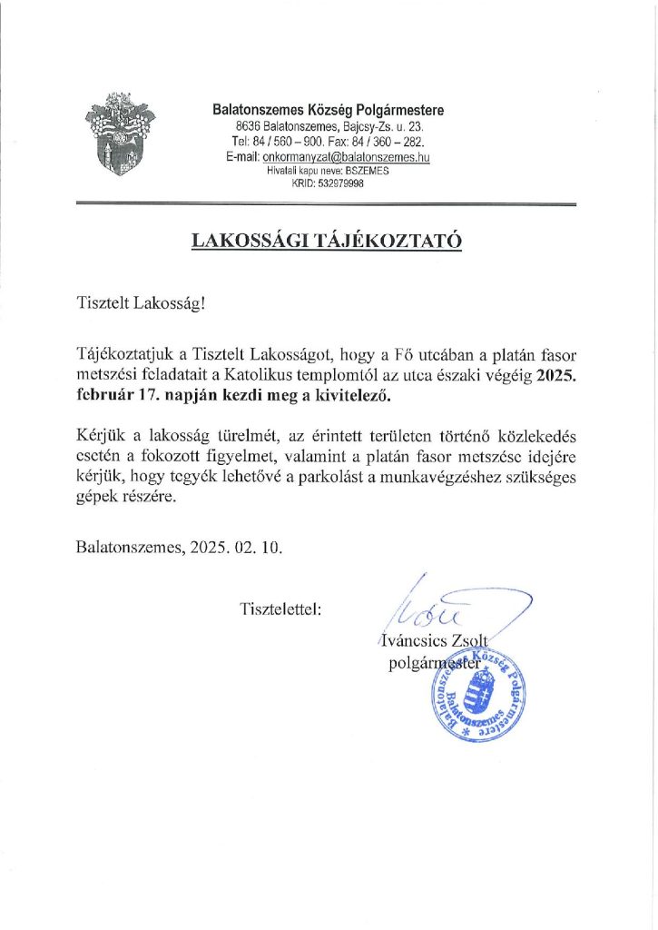 Lakossagi tajekoztato Fo utcai platan fasor metszesi feladatai page 001 Lakossági tájékoztató - Platán fasor